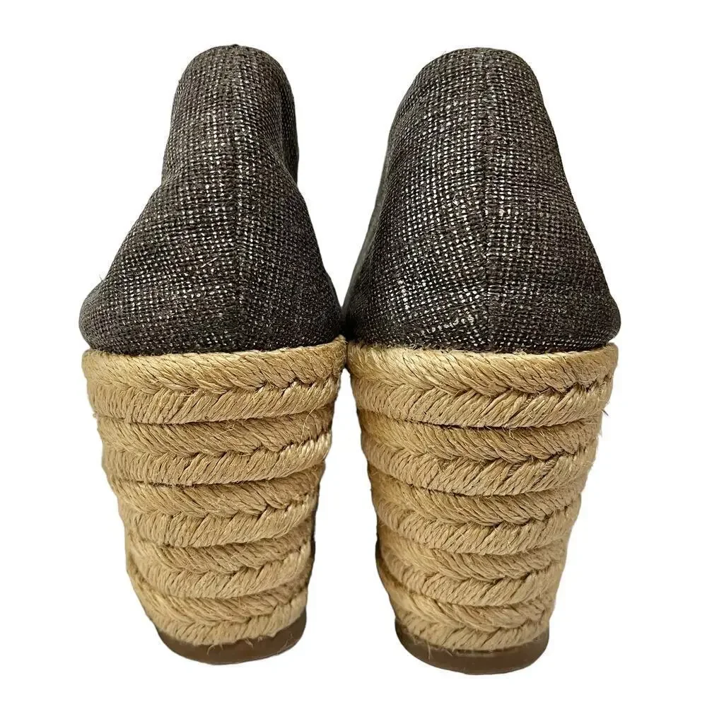 Tory Burch Filipa Pewter Linen Espadrille Wedges - Metallic Peep-Toe Heels